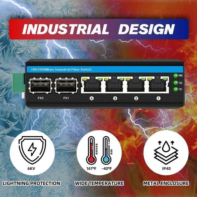 Alt view image 4 of 6 - 6-Port Hardened Industrial Gigabit PoE+ DIN-Rail Fiber Network Switch 4 x Gigabit PoE+ Ports 2 x 1.25G SFP Fiber Ports 120W for Outdoor Use