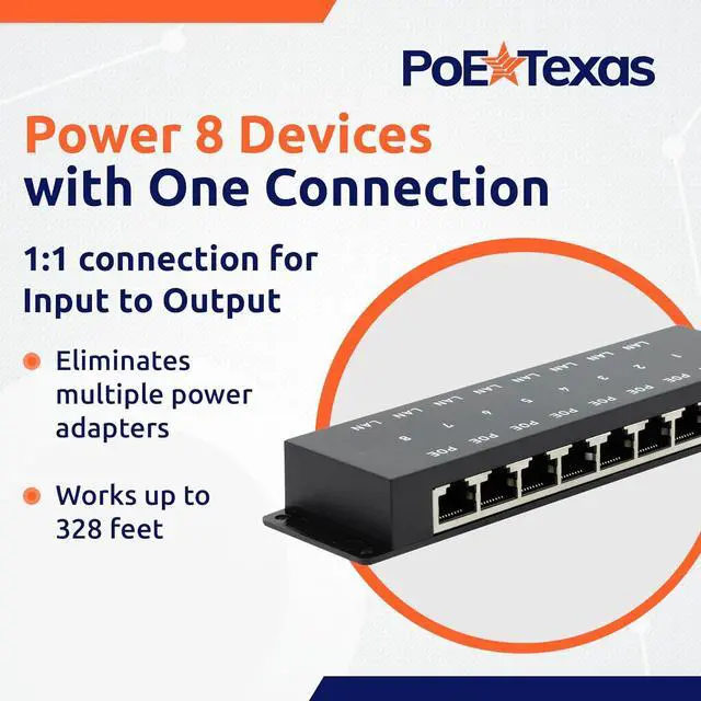 Alt view image 2 of 7 - PoE Texas 8-Port Passive Midspan PoE Injector with 48V 120W Power - Network Switch Upgrade for IP Cameras, VoIP Phones, WiFi Access Points - IEEE 802.3af/at Compatible - 10/100 Mbps Fast Ethernet