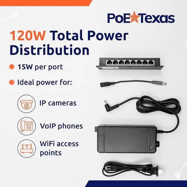 Alt view image 3 of 7 - PoE Texas 8-Port Passive Midspan PoE Injector with 48V 120W Power - Network Switch Upgrade for IP Cameras, VoIP Phones, WiFi Access Points - IEEE 802.3af/at Compatible - 10/100 Mbps Fast Ethernet