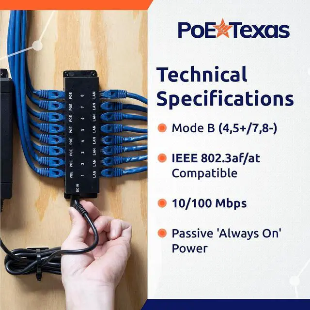 Alt view image 4 of 7 - PoE Texas 8-Port Passive Midspan PoE Injector with 48V 120W Power - Network Switch Upgrade for IP Cameras, VoIP Phones, WiFi Access Points - IEEE 802.3af/at Compatible - 10/100 Mbps Fast Ethernet