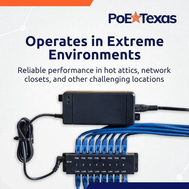 Alt view image 5 of 7 - PoE Texas 8-Port Passive Midspan PoE Injector with 48V 120W Power - Network Switch Upgrade for IP Cameras, VoIP Phones, WiFi Access Points - IEEE 802.3af/at Compatible - 10/100 Mbps Fast Ethernet