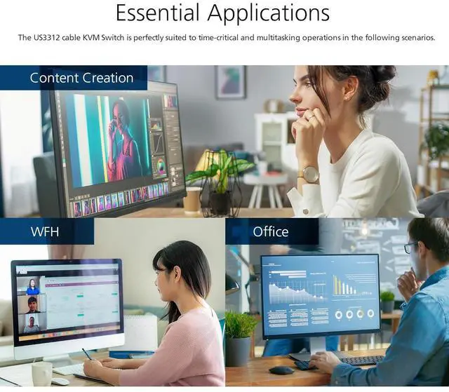 Alt view image 4 of 7 - ATEN US3312 2-Port 4K DisplayPort USB-C Cable KVM Switch with Remote Port Selector
