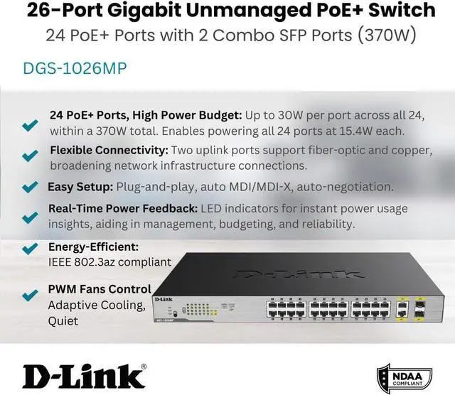 Alt view image 3 of 6 - D-Link Ethernet Switch, 26 Port PoE Gigabit Unmanaged Rack-Mount Networking 24 x PoE (370 Watt), 2 x Gigabit Combo Ports (DGS-1026MP)