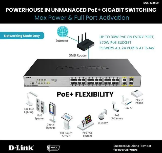 Alt view image 5 of 6 - D-Link Ethernet Switch, 26 Port PoE Gigabit Unmanaged Rack-Mount Networking 24 x PoE (370 Watt), 2 x Gigabit Combo Ports (DGS-1026MP)