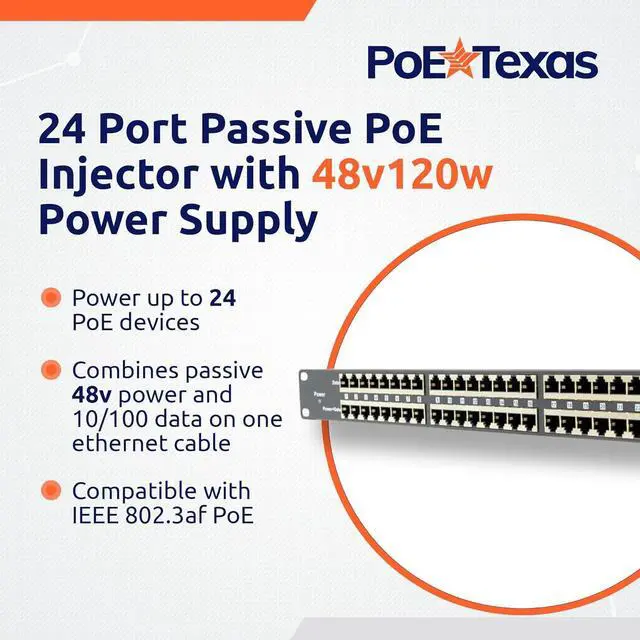 Alt view image 2 of 6 - PoE Texas 24 Port PoE Injector with 48v120w Power Supply - 10/100 Data - Rack Mount - Add Passive Mode B 802.3af PoE to a Non PoE Switch for VoIP, WiFi AP, IP Camera, Security & Surveillance Systems