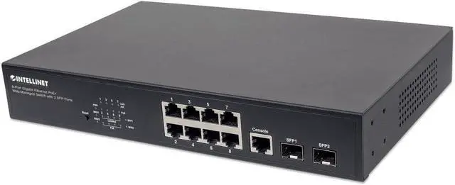 Main image of Intellinet 8-Port Gigabit Ethernet PoE+ Web-Managed Switch - POE Power Budget of 140W, 2 SFP Slots, Self-Healing, IPv4/v6, 19" Rackmount 3 Yr Mfg Warranty- 561167