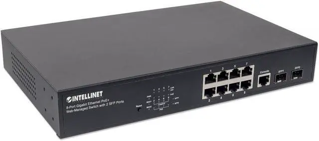 Alt view image 2 of 6 - Intellinet 8-Port Gigabit Ethernet PoE+ Web-Managed Switch - POE Power Budget of 140W, 2 SFP Slots, Self-Healing, IPv4/v6, 19" Rackmount 3 Yr Mfg Warranty- 561167
