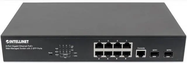 Alt view image 3 of 6 - Intellinet 8-Port Gigabit Ethernet PoE+ Web-Managed Switch - POE Power Budget of 140W, 2 SFP Slots, Self-Healing, IPv4/v6, 19" Rackmount 3 Yr Mfg Warranty- 561167