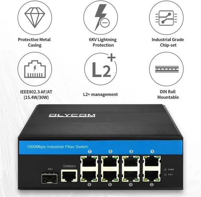Alt view image 2 of 7 - 9 Port POE++ 240W Outdoor 10/100/1000M L2 Managed SFP Switch 8 X Gigabit POE Ports 1 X SFP Slot DIN-Rail Mount with Vlan Qos LACP STP/RSTP