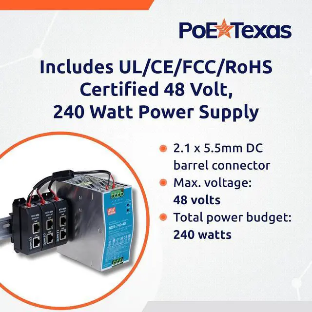 Alt view image 6 of 6 - PoE Texas 3-Port 2.5 Gigabit PoE++ Injector with 90W Per Port, Up to 328 Ft - 10/100/1000/2500Mbps Wall Mount or DIN Rail Mount 802.3af/at/bt PoE Injector - Includes 48 Volt 240 Watt Power Supply