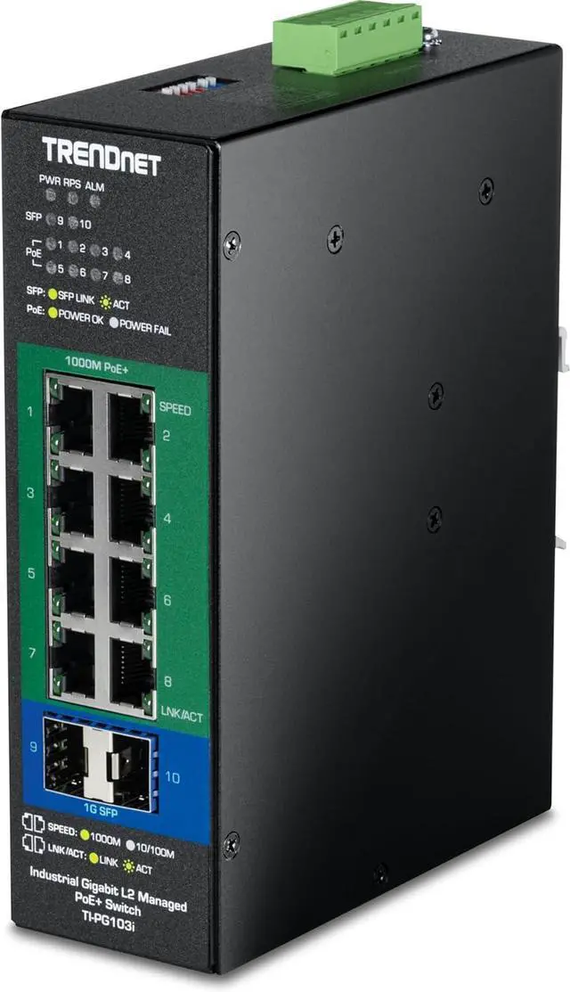 Main image of TRENDnet 10-Port Industrial Gigabit L2 Managed PoE+ DINRail Switch 24  57V, TI-PG103i, 8 x Gigabit PoE+ Ports, 2 x SFP Ports, 20Gbps, IP40, Ethernet Splitter, NDAA & TAA Compliant
