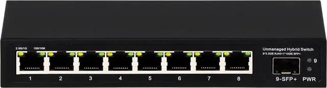 Main image of 8 Port 2.5G Unmanaged Ethernet Switch 8x2.5GBase-T Ports 1x10G SFP+ Fiber Switch 60Gbps Bandwidth Desktop/Wall Mount Plug and Play Compatible with 100/1000/2500Mbps(9port| 8×2.5G + 1×10G SFP+)