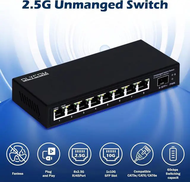 Alt view image 3 of 6 - 8 Port 2.5G Unmanaged Ethernet Switch 8x2.5GBase-T Ports 1x10G SFP+ Fiber Switch 60Gbps Bandwidth Desktop/Wall Mount Plug and Play Compatible with 100/1000/2500Mbps(9port| 8×2.5G + 1×10G SFP+)