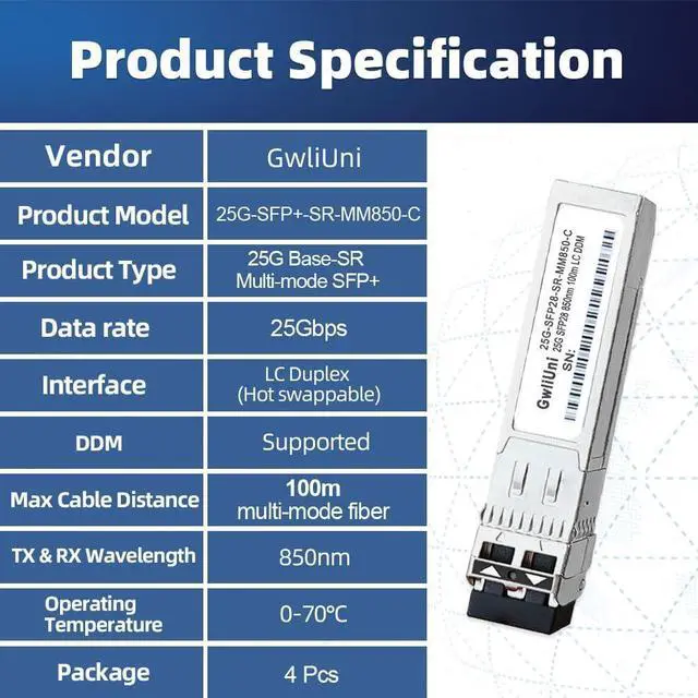 Alt view image 7 of 7 - 4Pcs 25G SFP28 Multi-Mode SFP+ Fiber Module Network Transceiver, SR MM850nm 100m, Duplex LC for Data Center Switch, Router, Firewall, Server etc.,