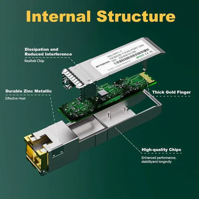Alt view image 3 of 6 - 10G SFP+ to RJ-45 Transceiver, 1.25/2.5/5/10G-T Copper SFP+ CAT6a Module, Auto-Negotiation, Up to 30m, for Cisco SFP-10G-T-S, Ubiquiti UniFi UF-RJ45-10G, Meraki, TP-Link, Mikrotik, Netgear and More