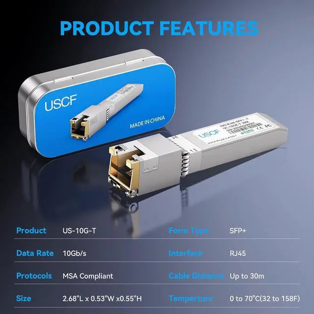 Alt view image 7 of 7 - 10G SFP+ to RJ45 Copper Transceiver, 10GBase-T Ethernet Module, CAT6a/7, Up to 30m, Plug & Play, Compatible with Cisco, Ubiquiti, TP-Link, Fortinet and More (2)