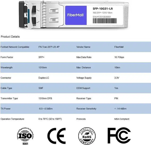 Alt view image 2 of 6 - SFP+ 10G LR Optical Transceiver Module Compatible with Fortinet Network FN-Tran-SFP-LR 10GBASE-LR SFP+ 1310nm 10km DDM Duplex LC SMF 4 Pack