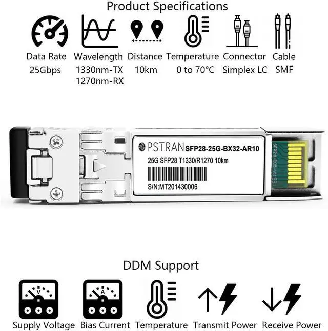 Alt view image 2 of 5 - 25GBASE-BX10 BiDi SFP28 Optical Transceiver Module Compatible with Arista Networks SFP-25G-BD 1330nm-TX/1270nm-RX 10km DOM Simplex LC SMF