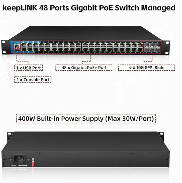 Main image of 48 Port Gigabit PoE Switch Managed, with 48 PoE+ Ports @400W, 6 10G SFP Slots, IPv6 Static Routing, Desktop or Rackmount