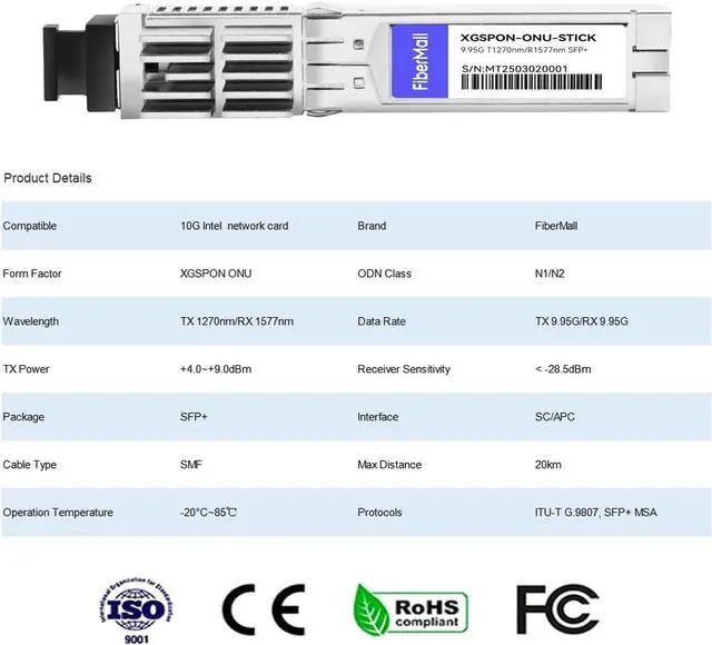 Alt view image 2 of 6 - XGSPON ONU Stick Optical Transceivers,Compatible Intel 10G NIC:x520-da2, 82599ES 10G SFP+ NIC, X710-BM2,with MAC SFP+ TX-9.95G/RX-9.95G TX-1270nm/RX-1577nm SMF,SC/APC 20km DDM