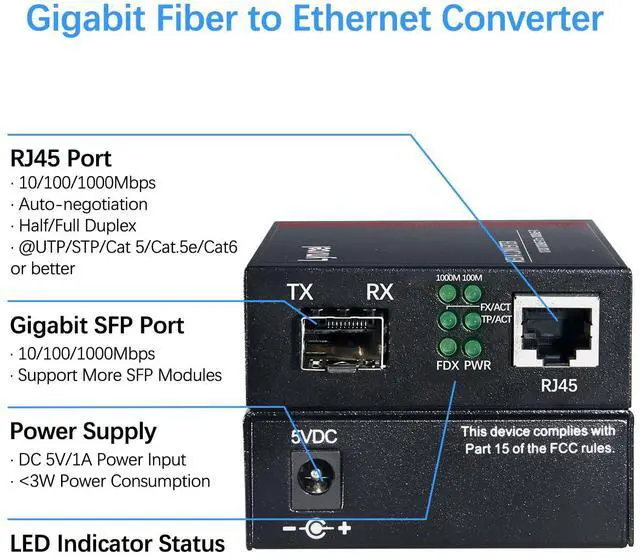 Alt view image 3 of 7 - Gigabit Multi Mode Fiber Media Converter, 10/100/1000Base-TX to 1000Base-SX Fiber to Ethernet Converter with 2Pack Dual LC Transceiver Module, 1.25Gbps MMF 850nm, up to 550m, 1 Pair