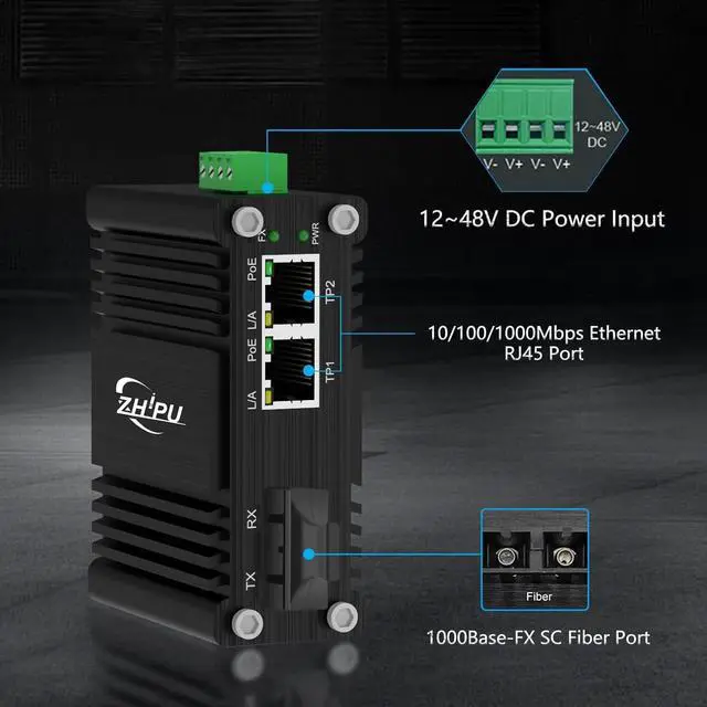 Alt view image 2 of 6 - Industrial 2 Port Gigabit Fiber Media Converter Power Over Ethernet Hardened 2 10/100/1000Base-TX PoE 30W Optical Transceiver 802.3af/at 100/1000M SC Transmission Max 550m