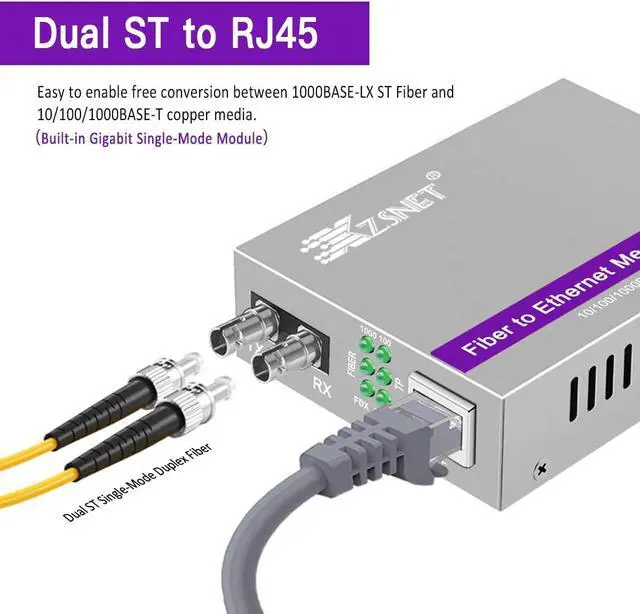 Alt view image 2 of 7 - A Pair of Gigabit ST to RJ45 Converter, Single-Mode Fiber to Ethernet Media Converter (Built-in Module, 1310nm, 20km), Plug & Play, 10/100/1000 Base-T Compatible, Auto-Negotiation, Jumbo Frame