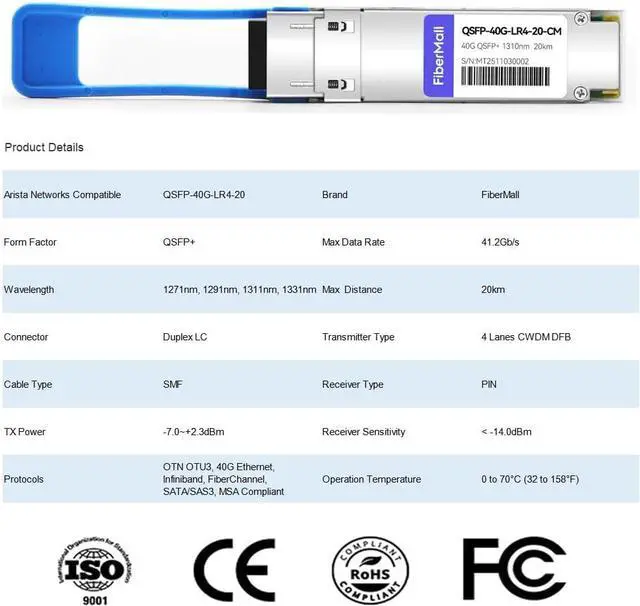 Alt view image 3 of 6 - 40G QSFP+ LR4 Optical Transceiver Module,Compatible with Arista Networks QSFP-40G-LR4-20,40GBASE-LR4 QSFP+ 1310nm,CWDM4 20km LC DOM