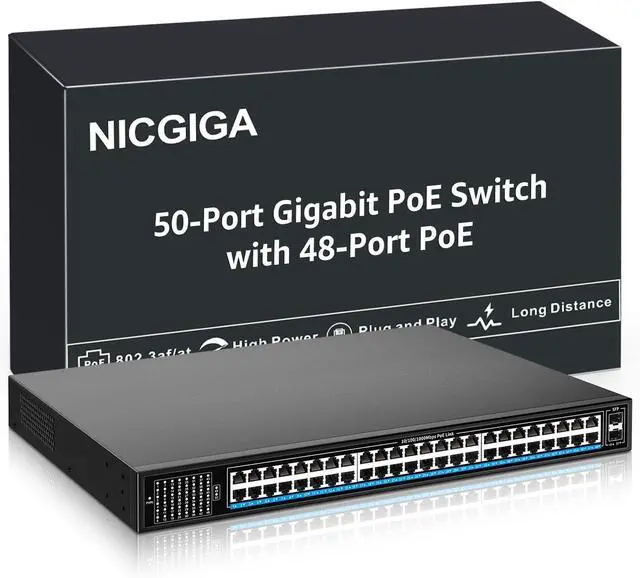 Main image of 48 Port Gigabit PoE Switch Unmanaged with 48 Port IEEE802.3af/at PoE+@400W, 2 x 1G SFP, NICGIGA 50 Port Network Power Over Ethernet Switch, Desktop/Rackmount