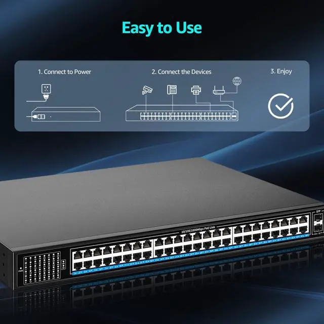 Alt view image 5 of 7 - 48 Port Gigabit PoE Switch Unmanaged with 48 Port IEEE802.3af/at PoE+@400W, 2 x 1G SFP, NICGIGA 50 Port Network Power Over Ethernet Switch, Desktop/Rackmount