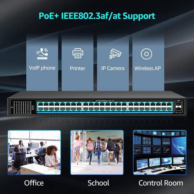 Alt view image 7 of 7 - 48 Port Gigabit PoE Switch Unmanaged with 48 Port IEEE802.3af/at PoE+@400W, 2 x 1G SFP, NICGIGA 50 Port Network Power Over Ethernet Switch, Desktop/Rackmount