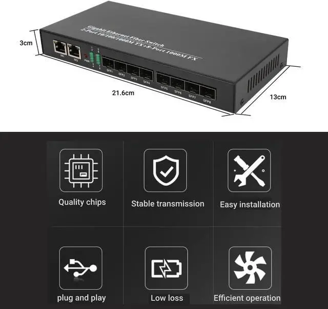 Alt view image 2 of 7 - Gigabit Ethernet Fiber Converter XXSSFP8F2G Gigabit Ethernet Fiber Switch 1.25G DC 5V/3A 10/100/1000Mbs Networking Transceiver