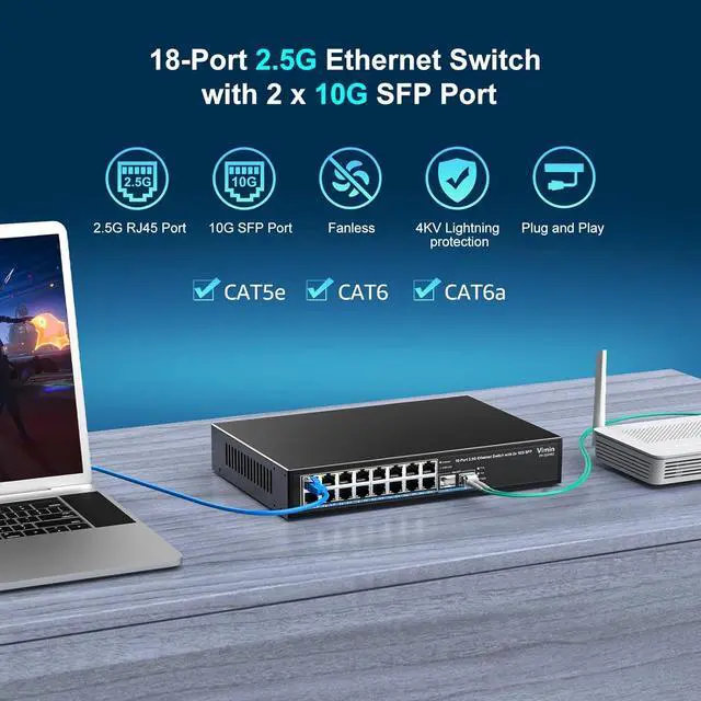 Alt view image 2 of 7 - 18 Port 2.5G Unmanaged Network Switch, 16 Ports 2.5Gbase-T Ethernet Switch+2X 10G SFP+, 120Gbps Switching Capacity, Fanless, Work for 2.5Gbps NAS, Wireless AP & PC, WiFi6 Router, Plug and Play