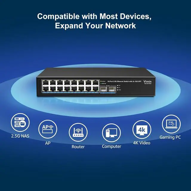 Alt view image 3 of 7 - 18 Port 2.5G Unmanaged Network Switch, 16 Ports 2.5Gbase-T Ethernet Switch+2X 10G SFP+, 120Gbps Switching Capacity, Fanless, Work for 2.5Gbps NAS, Wireless AP & PC, WiFi6 Router, Plug and Play