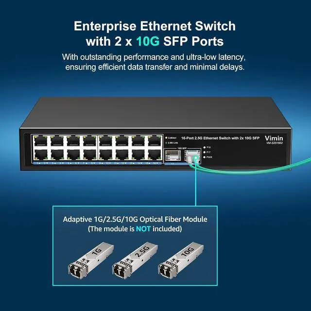 Alt view image 5 of 7 - 18 Port 2.5G Unmanaged Network Switch, 16 Ports 2.5Gbase-T Ethernet Switch+2X 10G SFP+, 120Gbps Switching Capacity, Fanless, Work for 2.5Gbps NAS, Wireless AP & PC, WiFi6 Router, Plug and Play