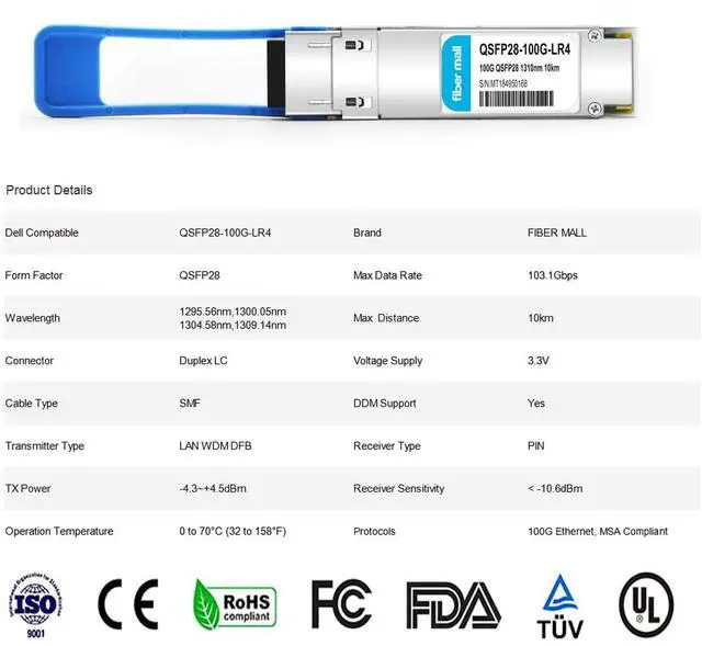 Alt view image 2 of 5 - 100G QSFP28 LR4 for Dell QSFP28-100G-LR4,100GBASE-LR4 QSFP28 1310nm 10km LAN WDM LC SMF DOM Optical Transceiver Module