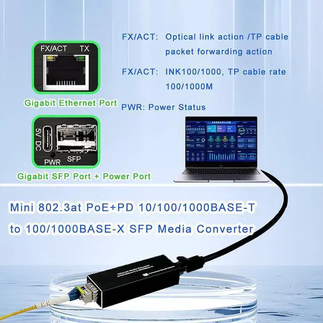Alt view image 2 of 7 - A Pair Mini 802.3af/at/bt PoE+ PD Gigabit SFP Media Converter Ethernet to SFP Fiber Optical Transceiver 10/100/1000Base-TX to 1000Base-FX Converter 1.25Gbps (Single Mode Single Fiber 20KM)