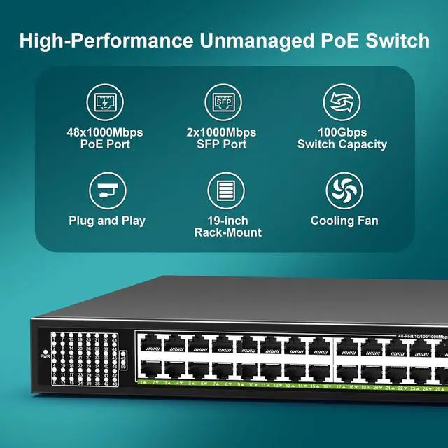 Alt view image 2 of 7 - 48-Port Gigabit PoE Switch Unmanaged with 2X 1000Mbps Uplink SFP Port, VIMIN 50-Port PoE Ethernet Switch Support IEEE802.3af/at, 400W Power, 100Gbps Switch CapacityPlug and Play, Rack-Mount