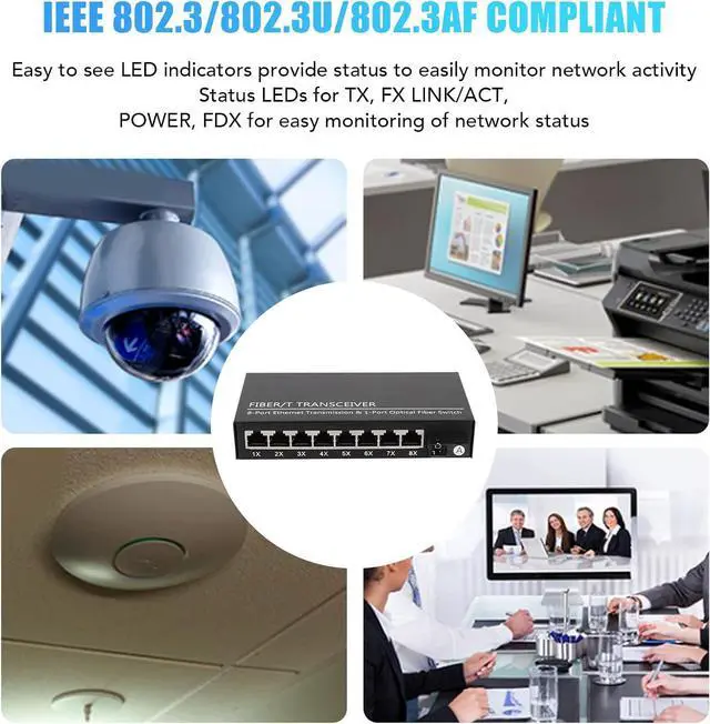 Alt view image 5 of 7 - Tx1310nm Fiber Transceiver, Plug and Play, RJ45 Port, Up to 25Km 1 Optical Port 8 Electrical Port Single Mode Ethernet Fiber Switch (US)