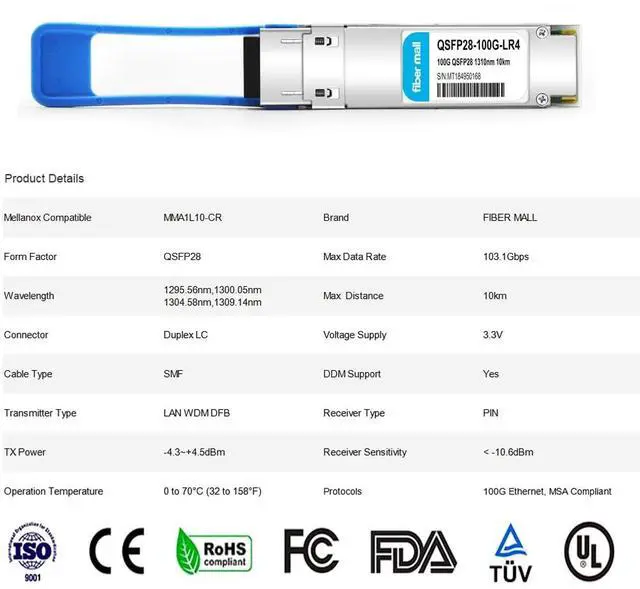 Alt view image 2 of 6 - 100G QSFP28 LR4 for Mellanox MMA1L10-CR, 100GBASE-LR4 QSFP28 Optical Transceiver Module,1310nm 10km LAN WDM LC SMF DOM