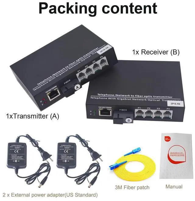 Alt view image 5 of 5 - 2 x POTS Extender RJ11 Telephone and Gigabit Ethernet Over Fiber Optic - 10/100/1000Mbps RJ45 Over Fiber Optic Extender, Universal Single Mode 20Km(12.4 mi), Multimode 500m(0.31 mi),A Pair.