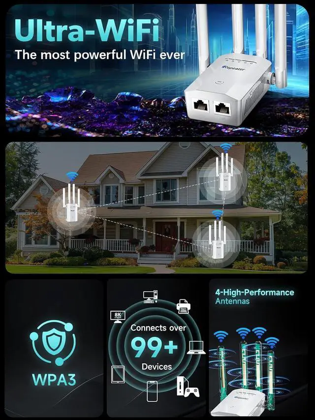 Alt view image 6 of 7 - 2025 New WiFi Extender Signal Booster, Long Range Wireless Internet Repeater for Home, WiFi Repeater Wireless Routers Signal Amplifier with Ethernet Port, Mesh WiFi 10X Faster Access Point, Easy Setup