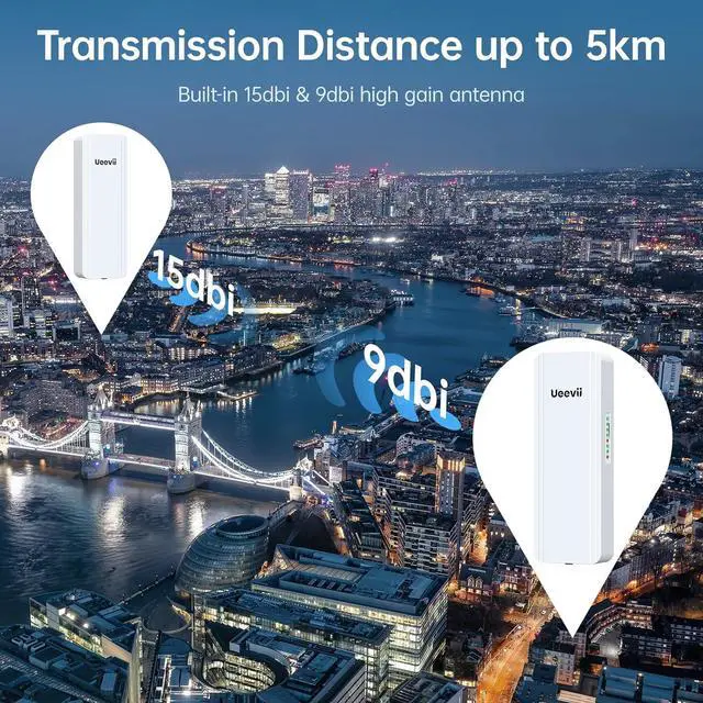 Alt view image 2 of 7 - 2.4G & 5G Dual Band Wireless Bridge, IP65 Outdoor Point to Point WiFi Bridge CPE with 2 1000Mbps RJ45 Port,16dBi High-Gain Antenna, 5KM Long Range, 24V PoE Power, for Barn Shop Garage