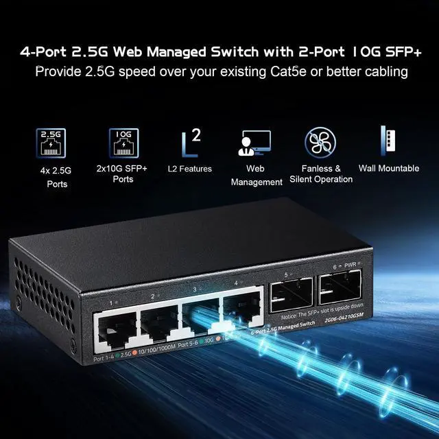 Alt view image 2 of 7 - Binardat 4 Port 2.5G Web Managed Switch with 2x10G SFP+ Slot, Ultra-Mini Size, Support Trunk/LACP/VLAN/QOS, Metal Multi-Gigabit Desktop/Wallmount Network Switch