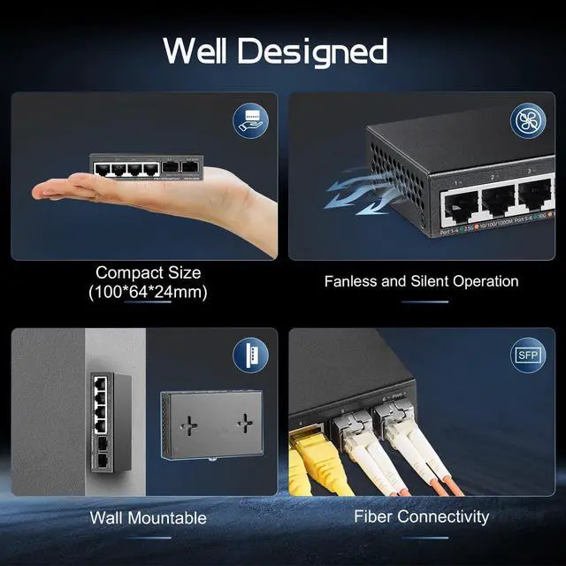 Alt view image 5 of 7 - Binardat 4 Port 2.5G Web Managed Switch with 2x10G SFP+ Slot, Ultra-Mini Size, Support Trunk/LACP/VLAN/QOS, Metal Multi-Gigabit Desktop/Wallmount Network Switch