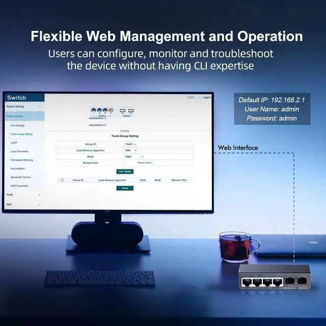 Alt view image 7 of 7 - Binardat 4 Port 2.5G Web Managed Switch with 2x10G SFP+ Slot, Ultra-Mini Size, Support Trunk/LACP/VLAN/QOS, Metal Multi-Gigabit Desktop/Wallmount Network Switch
