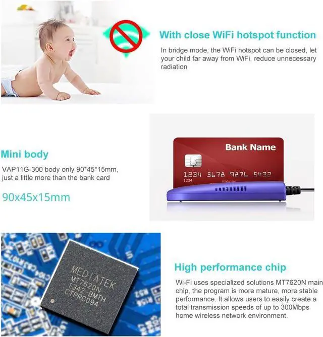 Alt view image 2 of 7 - VONETS Mini Wireless Bridge Ethernet Adapter Convert RJ45 Port to Wireless WiFi Repeater WiFi Hotspot Signal Extender Range Cover VAP11G-300(Two Items)