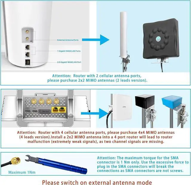Alt view image 2 of 7 - Maswell Combo 2X2 MIMO Antenna, Up to 6dBi, Omni 600-8000MHz, MIMO WiFi Networking and MIMO 3G 4G LTE 5G for Hotspots, Routers, Gateways, Verizon, AT&T, T-Mobile Home Internet, WiFi 7 Ready (Full Kit)