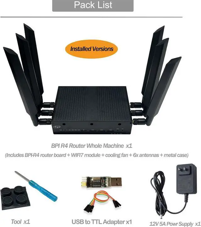 Alt view image 2 of 7 - Banana Pi BPI-R4 WiFi 7 Wireless Tri-Band Router OpenWRT - DDR4 4GB/8GB RAM - MediaTek MT7988A SoC, 4G/5G Wireless Router Repeater, 2X 10GbE SFP 4X GbE for NAS Smart Home Gateway (Basic Kit, DDR4 4GB)