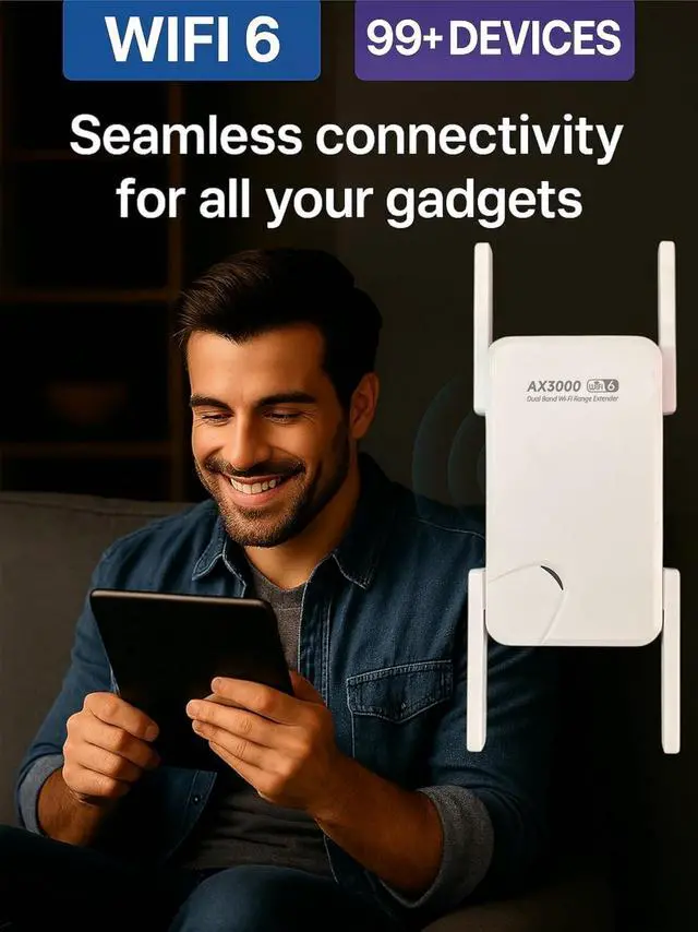 Alt view image 5 of 6 - WiFi 6 Extender AX3000  10,000 Sq.Ft Coverage & 100+ Devices | Dual Band 3000Mbps Signal Booster with Gigabit Ethernet Port | 4 Antennas, WPS One-Tap Setup, WPA3 Security, Smart Home Compatible